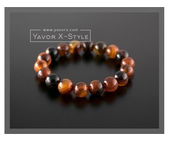 Orange-brown striped agate gemstone bracelet – 10mm natural orange-brown striped agate beads – elast | free-classifieds-usa.com - 1