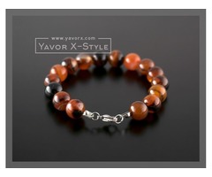 Orange-brown striped agate gemstone bracelet – 10mm natural orange-brown striped agate beads – elast | free-classifieds-usa.com - 2