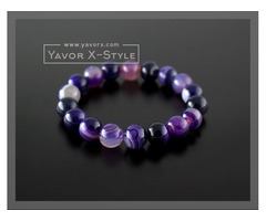 Purple striped agate gemstone bracelet – 10mm natural purple striped agate beads – elastic stretch c | free-classifieds-usa.com - 1