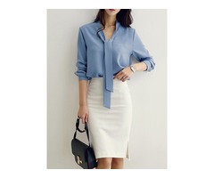 Plain Lace-Up Shirt & Knee-Length Skirt 2-Piece Sets | free-classifieds-usa.com - 1