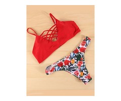 Flower Print Hollow Bandage Bikini Set | free-classifieds-usa.com - 1