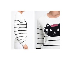 Yemak Sweater | Adorable Black Cat Round Neck Stripe Patterned Casual Jacquard Sweater MK8097 | free-classifieds-usa.com - 2