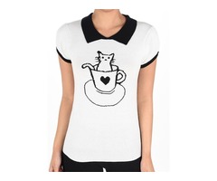 Pointed Collar Cat Tea Cup Short Sleeves Casual Pullover Sweater | free-classifieds-usa.com - 1