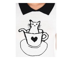 Pointed Collar Cat Tea Cup Short Sleeves Casual Pullover Sweater | free-classifieds-usa.com - 2
