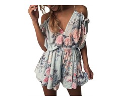 Women V Neck Cold Shoulder Tie Back Floral Printed Spaghetti Strap Romper Playsuit | free-classifieds-usa.com - 1