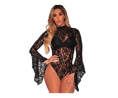 Black Sheer Floral Lace Long Bell Sleeve Bodysuit  | free-classifieds-usa.com - 1