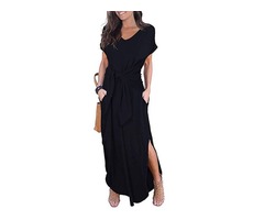 Cheap Factory Price women Casual Loose Pocket Short Sleeve Split Maxi Dress | free-classifieds-usa.com - 2