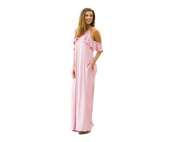 Fashion dusty pink ruffle boho dress maxi sleeve cold shoulder casual maxi dress | free-classifieds-usa.com - 3