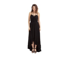 Hot Sale Black Lace Up V Neck Ruffle Trim Hi-low Strapless Maxi Dress | free-classifieds-usa.com - 1