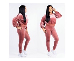 Women Velvet Material Long-Sleeved T-Shirt Tight Pants Tracksuit Casual Suit Two-Piece | free-classifieds-usa.com - 2