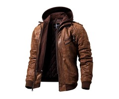 MEN’S REAL LEATHER JACKET MEN MOTORCYCLE REMOVABLE HOOD WINTER COAT MEN WARM GENUINE LEATHER JACKETS | free-classifieds-usa.com - 1