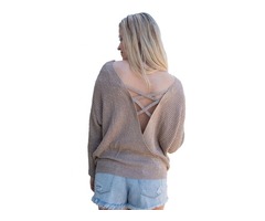 Hot Selling Women O Neck Fashion Khaki Cross Back Hollow-out Sweater | free-classifieds-usa.com - 2