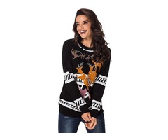 Fashionable Pullover Reindeer Jump Over Black Christmas Women Sweater | free-classifieds-usa.com - 2