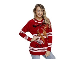 Women's Patterns Reindeer Jump Over Red Christmas Sweater 2019 | free-classifieds-usa.com - 2