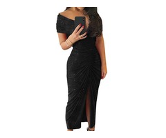 Fashion Off Shoulder Ruched slit Party Formal Dress Ladies Evening Midi Dress  | free-classifieds-usa.com - 3