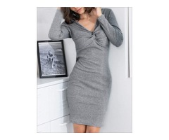Shop Fall V-Neck Twisted Casual Sweater Dress for Women Online | free-classifieds-usa.com - 2