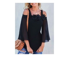 Women Solid Color Flared Sleeves Sling Cold Shoulder Blouse Tops | free-classifieds-usa.com - 1