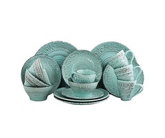 Elama Malibu Waves Embossed Stoneware Ocean Dinnerware Dish Set, 16 Piece, Turquoise | free-classifieds-usa.com - 1