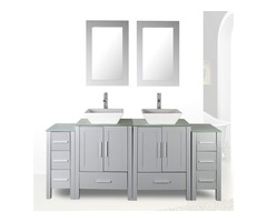 72″ Double Sink Grey Bathroom Vanity Modern Design Glass Top W/Mirror Faucet&Drain | free-classifieds-usa.com - 4