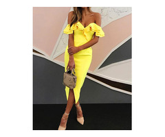 Off Shoulder Ruffled Split Bodycon Dress - Yellow | free-classifieds-usa.com - 1