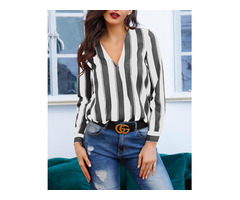 Stripes Deep V Long Sleeve Casual Blouse | free-classifieds-usa.com - 1