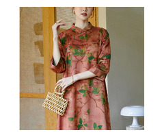 Chic Pink Mandarin Collar Button Print Silk Cheongsam Dress Bracelet Sleeve | free-classifieds-usa.com - 1