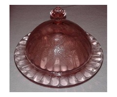 VINTAGE PINK POINSETTIA DEPRESSION GLASS BUTTER DISH WITH DOME LID | free-classifieds-usa.com - 1