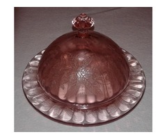 VINTAGE PINK POINSETTIA DEPRESSION GLASS BUTTER DISH WITH DOME LID | free-classifieds-usa.com - 1